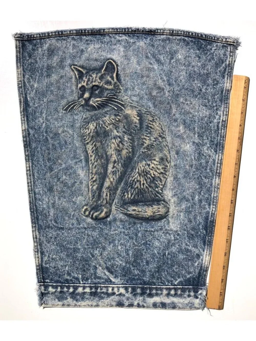 Vintage 90s TYCA 3D Embossed Denim Jacket Cut Panel Piece Cat Art DIY Craft USA
